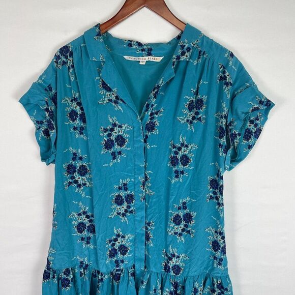 Veronica Beard Meagan Floral Silk Cap Short Sleeve Midi Dress Teal Blue 10 - Picture 5 of 9